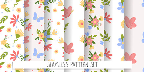 Set with seamless floral patterns with butterfly. Collection of kids cute prints for textile wrapping scrap paper. Simple bright vector illustration