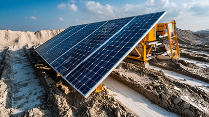 A robust solar panel array powers remote operations on a rugged construction site. Ideal for renewable energy projects or off-grid power solutions in challenging environments