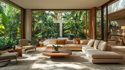 Fototapeta premium Modern, sun-drenched living area with lush garden views
