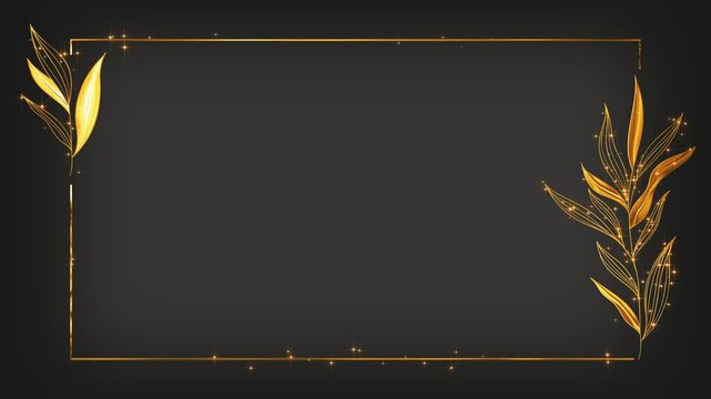border frame with golden tropical leaves and shiny glitter stars animation, luxury gold cosmetics and beauty fashion social media motion background	