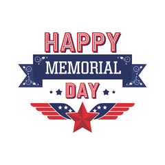 Happy Memorial Day Banner with Star and Patriotic Wings Illustration