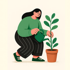 A woman waters a potted plant, reflecting care, patience, and growth through everyday mindful actions. Generated AI.