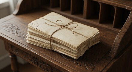 Stack of tied letters on ornate wooden desk with mail organizer