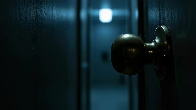 Dark spooky open door frames in dimly lit corridor. Ghostly atmosphere inside home, door knob and blurred background with light for haunted house video.