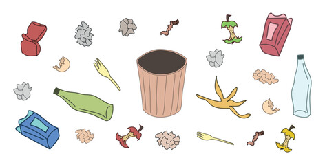 Set of Garbage Bin with Various Waste trash Items. Crumpled Paper, Banana Peel, Apple Cores, Broken Bottles. Concept of Recycling, Waste Management, Environmental Awareness, Cleanup. White Background