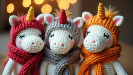 Handmade Crochet Unicorn Toys in Winter Hats and Scarves – Cozy Amigurumi Trio