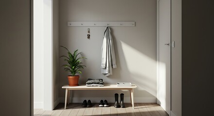 Entryway with bench, coat rack, and potted plant in modern style