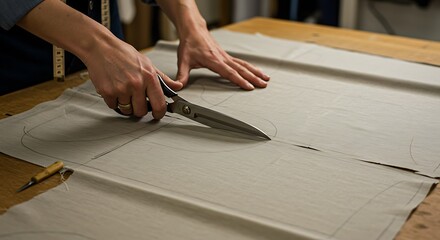 Cutting fabric using large scissors on a wooden table.