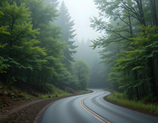 Naklejka premium A winding road through a forest, foggy and dense trees with green foliage, serene atmosphere, beautiful nature photography