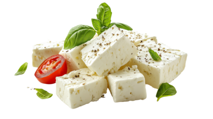 A small square piece of cheese topped with a slice of tomato and garnished with fresh peppermint leaves isolated on white background or transparent png 