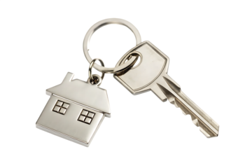 house keys with house shaped keychain isolated on white background PNG