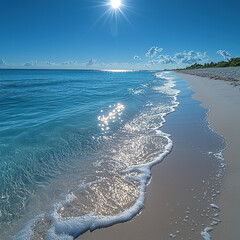 A beautiful beach scene features clear turquoise water, sun, sky and an inviting shoreline.