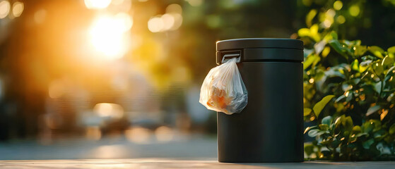 Urban trash can with a plastic waste bag in beautiful golden light suggesting environmental awareness. Use for public service announcements or sustainability projects.