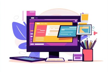 Desktop computer displaying design software with various design elements and stationery.  Colorful interface showing website development or graphic design.  Surrounded by design tools