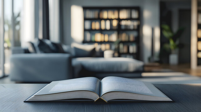 Un livre ouvert repose sur une table en bois dans un espace lumineux. En arri&egrave;re-plan, une biblioth&egrave;que bien fournie et un salon d&eacute;cor&eacute; offrent une atmosph&egrave;re accueillante et relaxante.