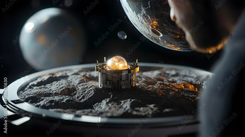Aufkleber a futuristic scene depicts a glowing orb in space. it could be a watch showing planets or an advance