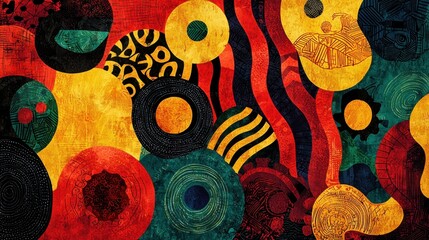 This artwork showcases a vibrant display of circular shapes in bold colors, combined with intricate tribal patterns, creating a dynamic visual impact suitable for various settings