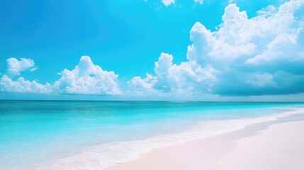 Fototapeta premium Turquoise Ocean Meets Sandy Shore Under a Cloudy Blue Sky on Bright Sunny Day