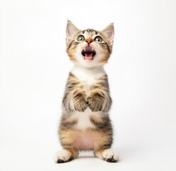 Obraz premium Small kitten standing on its hind legs, mouth open, looking upward. Adorable expression