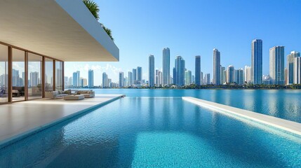 Fototapeta premium Luxurious waterfront home with pool overlooking city skyline