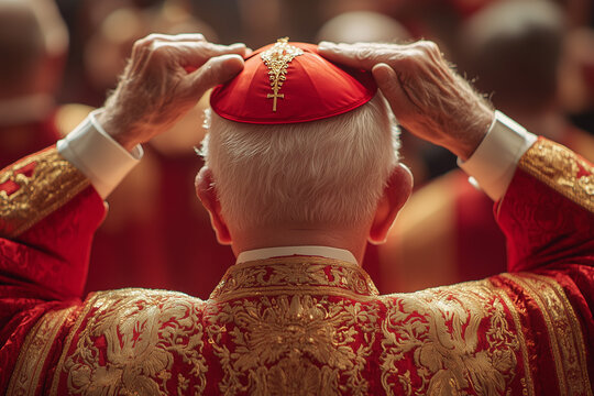 Rear view of an elderly Catholic cardinal adjusting his red zucchetto during a solemn religious ceremony, dressed in richly embroidered gold vestments, symbolizing dignity, tradition, and spiritual le