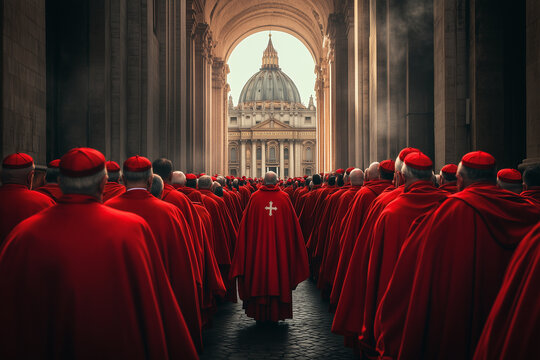 Procession of Catholic cardinals in red vestments walking through a grand colonnade toward St. Peter&rsquo;s Basilica in the Vatican, during a solemn ecclesiastical event symbolizing unity, tradition, and t