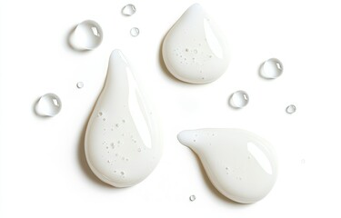 A top-down view of several smooth, milky, liquid drops, with bubbles and water droplets scattered around.  Small, irregular air pockets visible within the liquid