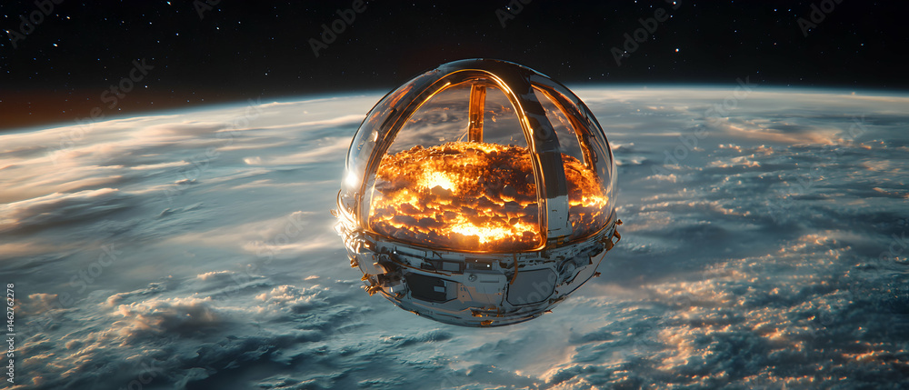 Poster A futuristic spherical structure holds a contained explosion above Earth. Suggests advanced technology with potential applications in energy or defense.