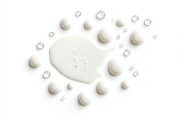 Creamy liquid splatter with water droplets. A light-colored, milky substance forms a splotch and is surrounded by many small, circular water droplets