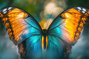 A vibrant blue and orange butterfly with intricate wing details, showcasing its beauty in a soft-focus natural setting.