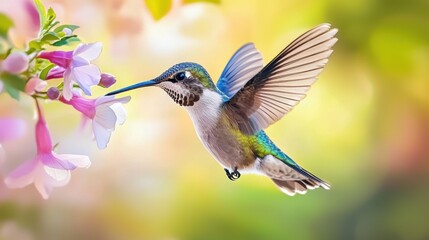 Fototapeta premium A small hummingbird is delicately hovering next to blooming pink flowers in a lush garden. The scene captures the essence of spring with colorful blooms and soft light