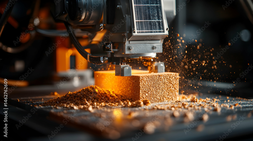 Aufkleber a machine carves into a block of material creating a captivating display of dust and sparks. suggest