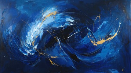 Vivid abstract artwork features swirling patterns of deep blue against striking gold accents. The fluid movement evokes energy and emotion, captivating viewers with its depth