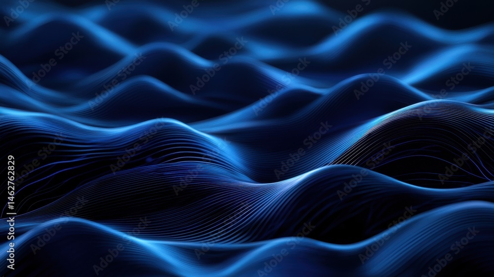 Poster swirling waves undulate in deep blue hues, creating an enchanting visual experience. light reflects 