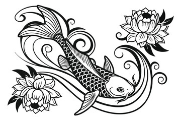 66 Intricate black and white illustration, koi fish, lotus flowers, swirling waves, Japanese-inspired design, ornate patterns, flowing lines, detailed scales, underwater motif, floral elements, organi