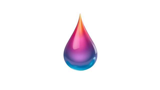 A vibrant, colorful water droplet featuring a gradient of pink and blue hues, symbolizing freshness and creativity