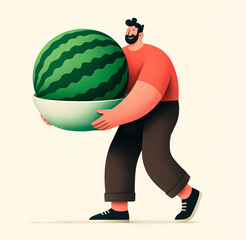 A smiling man carries an oversized watermelon in a large bowl. Generated AI.