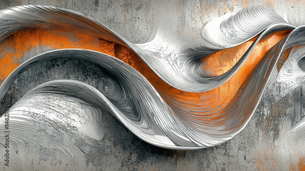 Poster an intricate flow of silver and orange patterns visually captivates, showcasing smooth curves agains