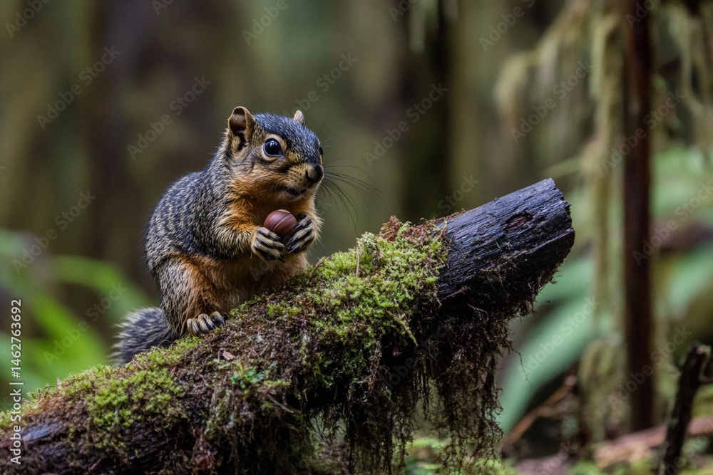 Poster squirrel enjoys acorn while perched on moss-covered log in forest during daylight hours