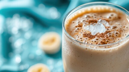 This image presents a refreshing iced coffee drink topped with ice and sprinkled with cinnamon, accompanied by banana slices, perfectly showcasing summer vibes and thirst-quenching delight.
