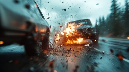 A dramatic image capturing the moment of a car crash surrounded by flying debris and an explosive impact, evoking emotions of danger and urgency in a cinematic style.