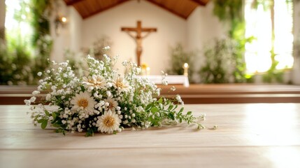 A delicate bouquet of white flowers rests on a wooden table in a serene church, embodying purity and spiritual reflection within a peaceful, inviting atmosphere.