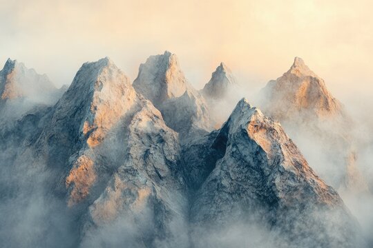 Majestic mountain peaks shrouded in mist, bathed in soft sunlight, creating a serene and awe-inspiring landscape.
