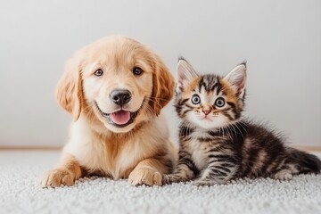 Fototapeta premium Playful puppy and kitten resting together. A golden retriever puppy and a tabby kitten lie side-by-side on a soft, light carpet, gazing at the camera with happy expressions