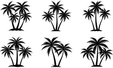 Collection of six black and white silhouette palm tree illustrations for tropical summer themes