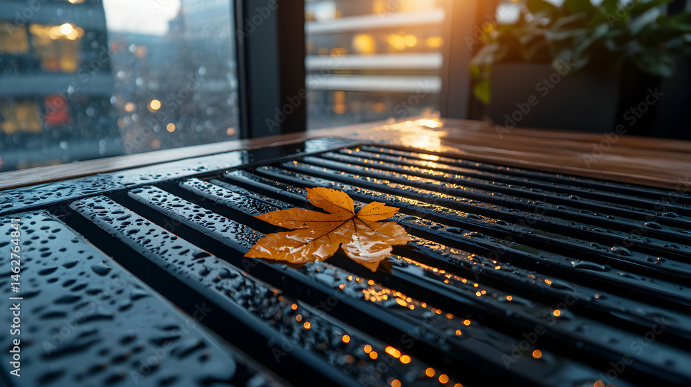 Aufkleber a rainy day scene with a golden leaf on a wet surface near a window with city views. use it for a ca