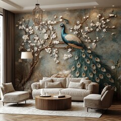 Peacock & Blossom Wall Mural Living Room