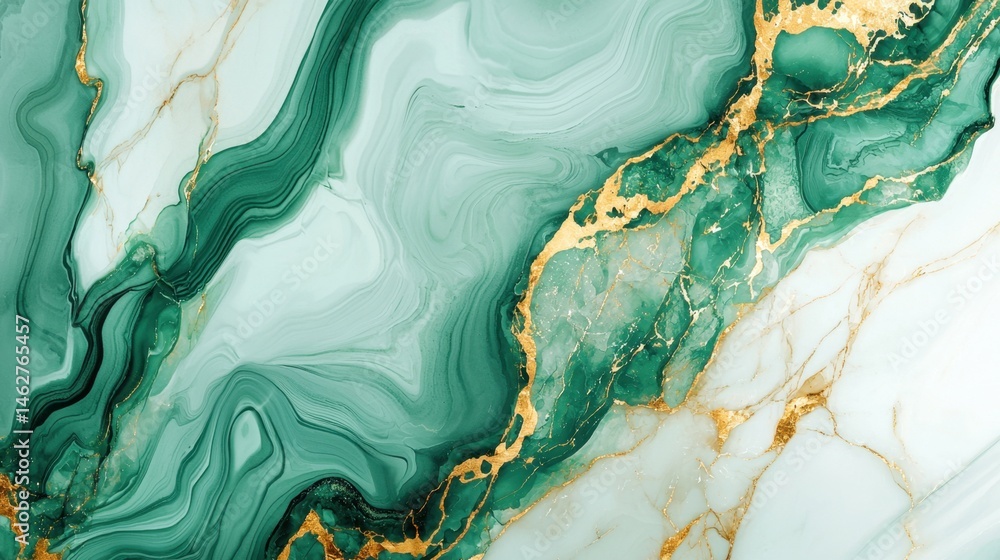Poster features a captivating blend of green and white marble with intricate golden veins and smooth fluid 