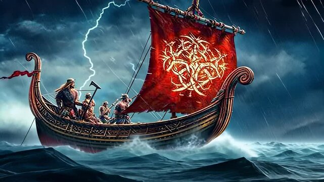 Viking longship sailing stormy seas, warriors onboard, ancient Norse vessel, dramatic seascape, historical ship illustration.