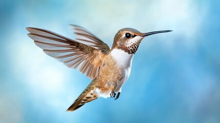 Fototapeta premium A stunning hummingbird captured in mid-flight, showcasing its vibrant plumage and intricate wing movement, symbolizing beauty and agility in the animal kingdom.